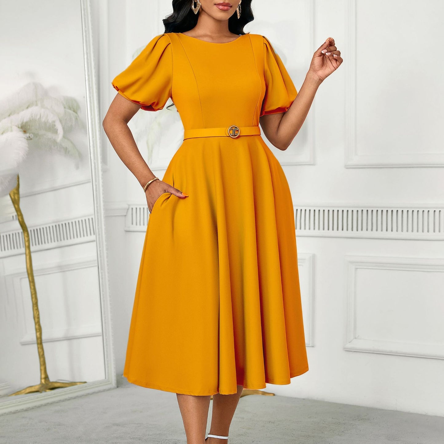 Elegant Summer Puff Sleeve Midi Dress with Belt