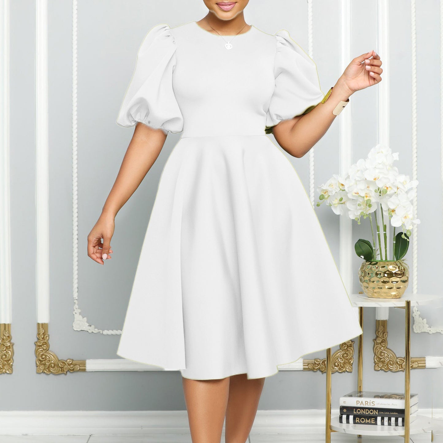 Elegant Bubble Sleeve Midi Dress