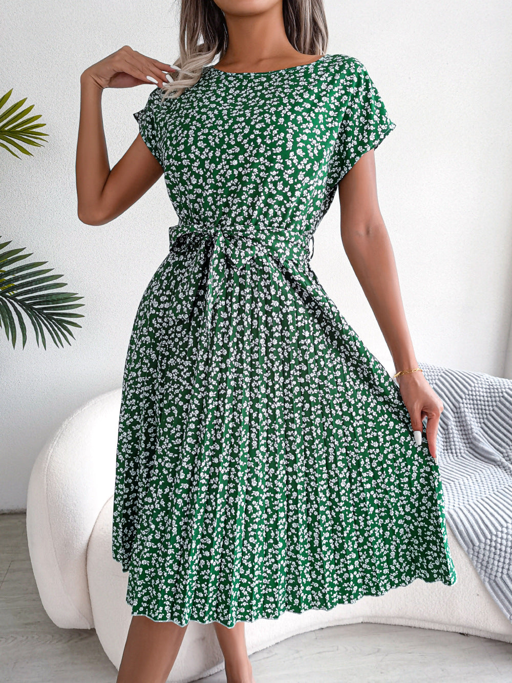 Elegant Floral Pleated Midi Dress – Women’s Summer Casual Dress
