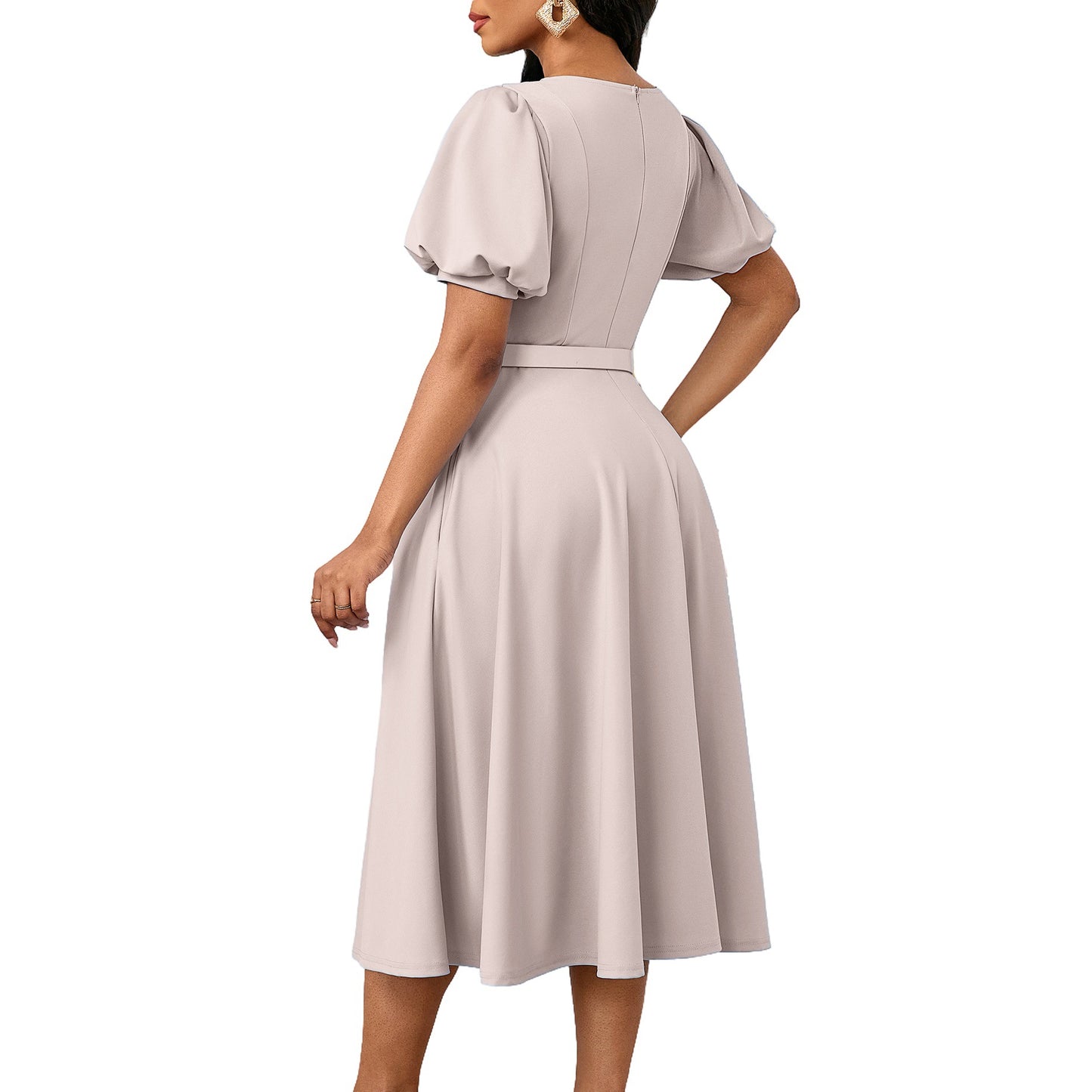 Elegant Summer Puff Sleeve Midi Dress with Belt