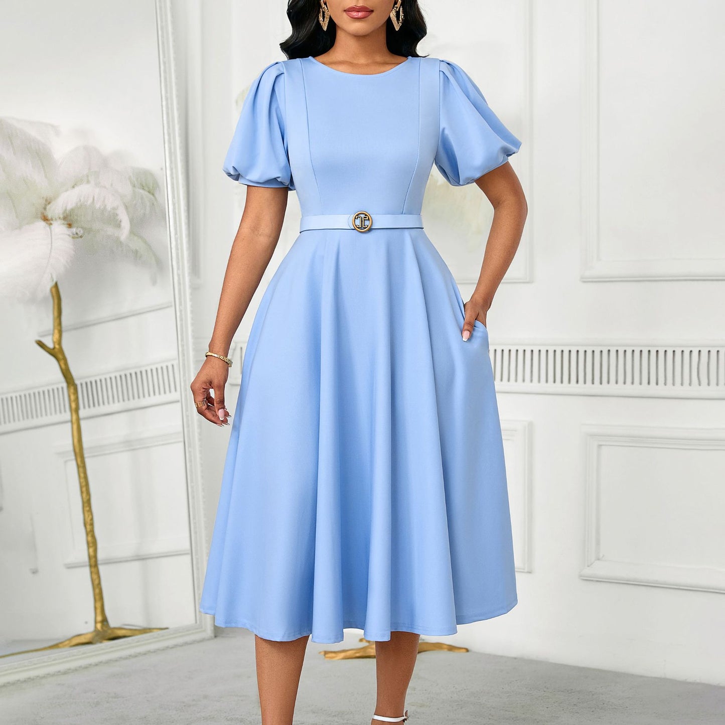 Elegant Summer Puff Sleeve Midi Dress with Belt