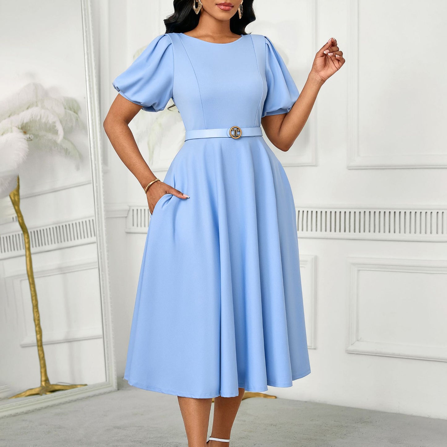 Elegant Summer Puff Sleeve Midi Dress with Belt