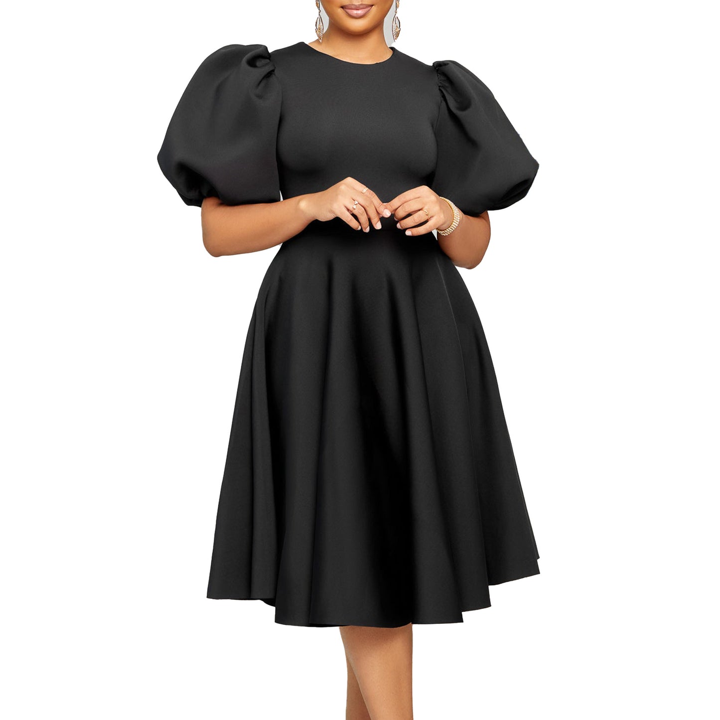 Elegant Bubble Sleeve Midi Dress