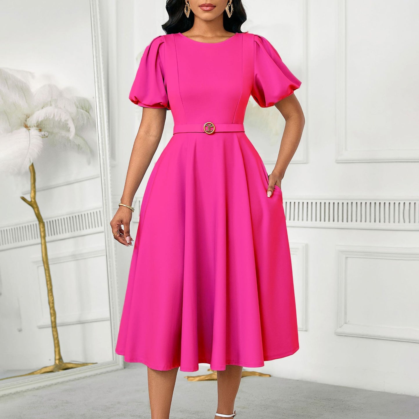 Elegant Summer Puff Sleeve Midi Dress with Belt