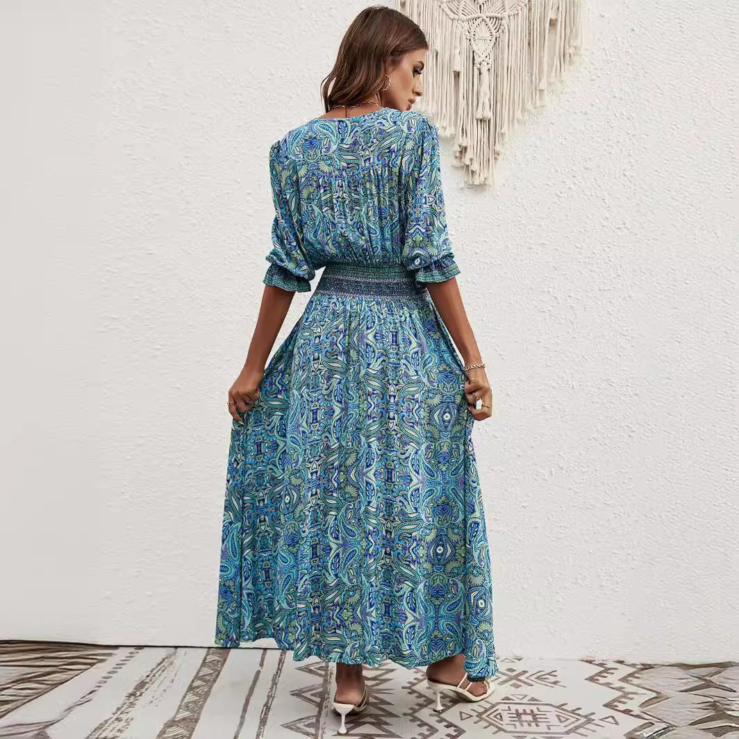 Elegant Bohemian Maxi Dress – Rayon Printed Vacation Dress