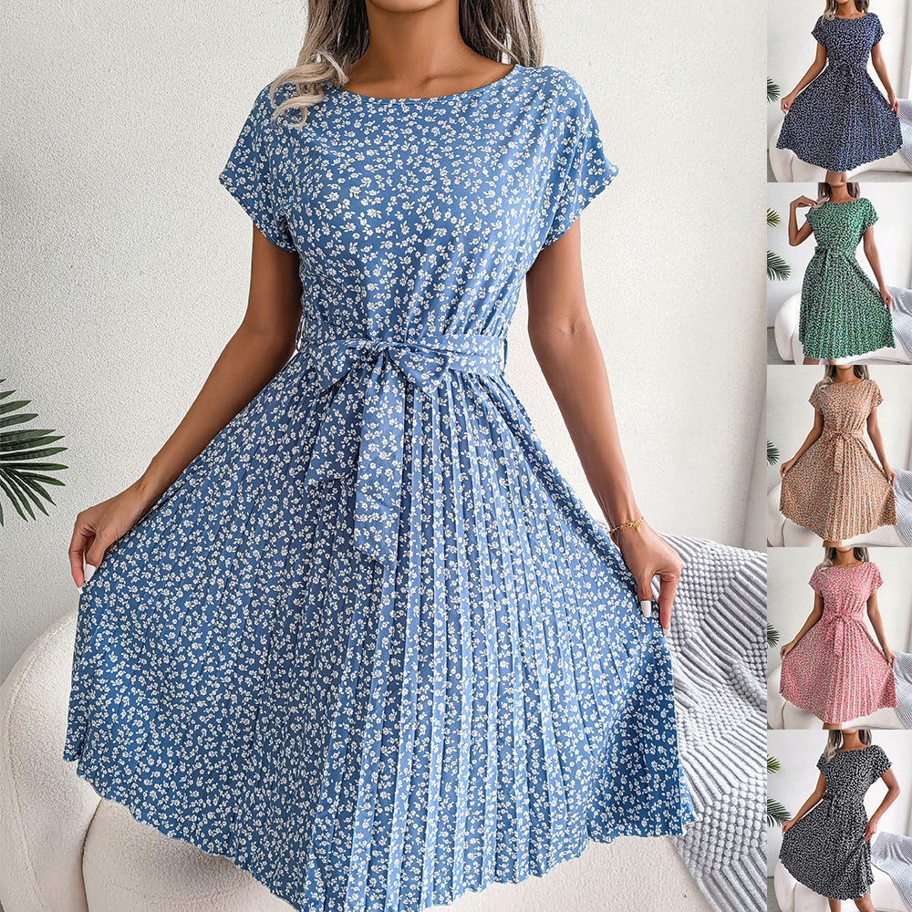 Elegant Floral Pleated Midi Dress – Women’s Summer Casual Dress