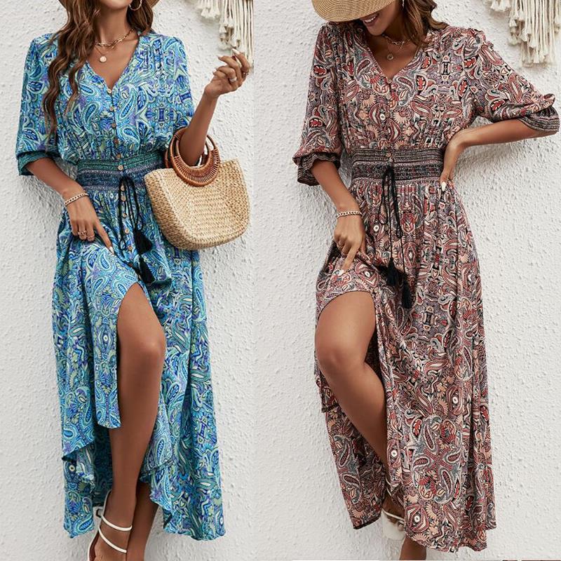 Elegant Bohemian Maxi Dress – Rayon Printed Vacation Dress