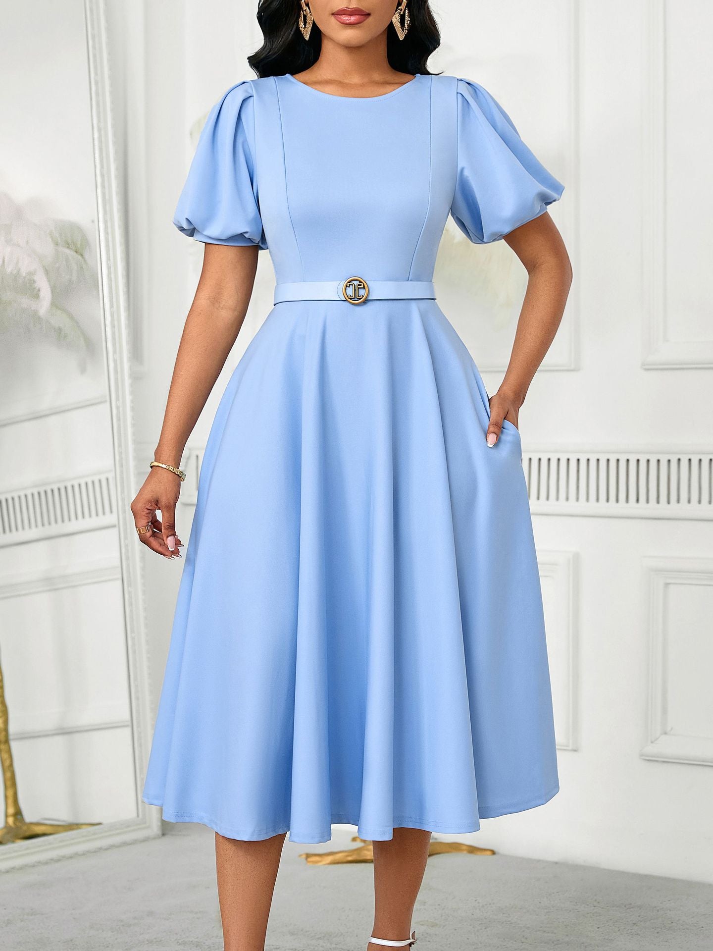 Elegant Summer Puff Sleeve Midi Dress with Belt
