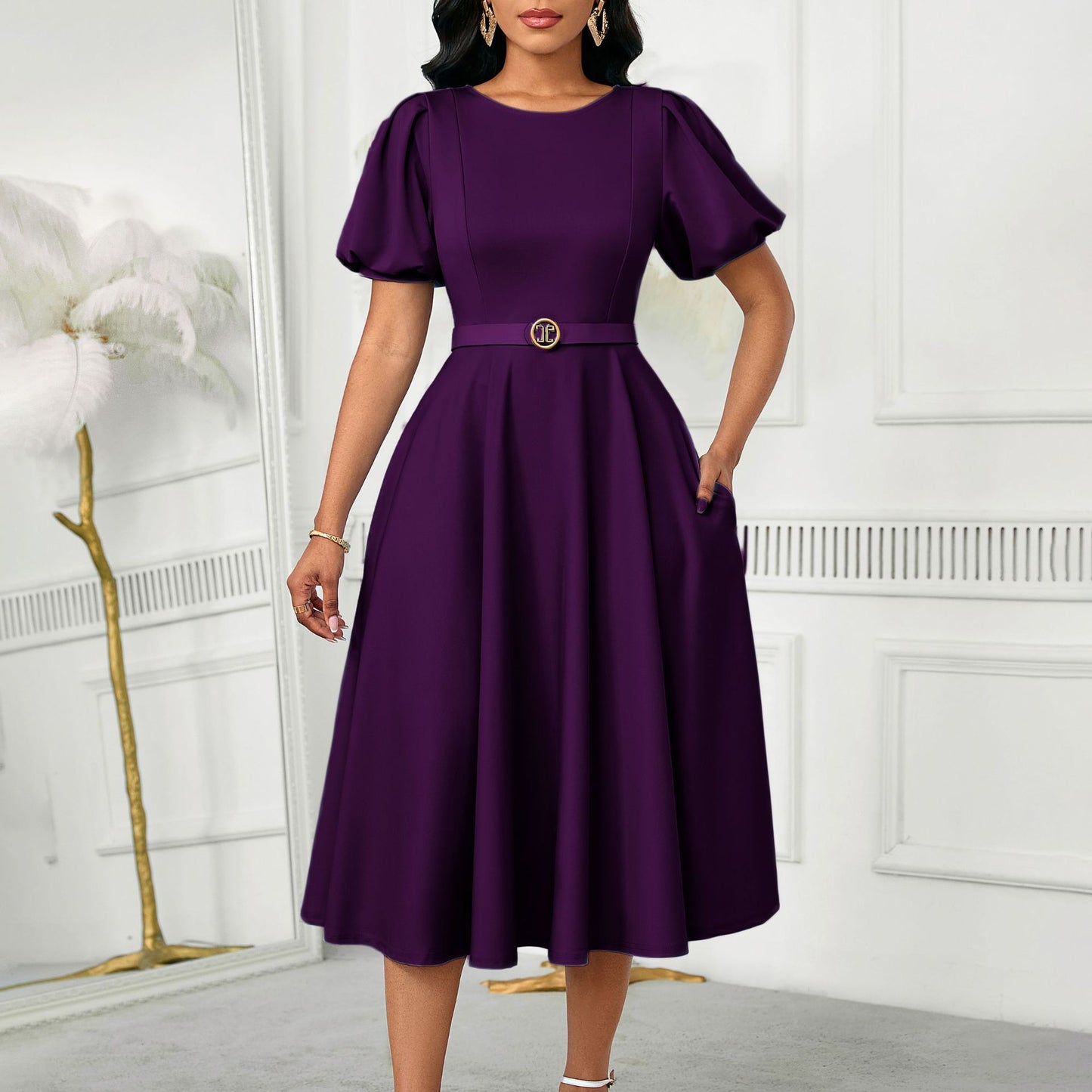 Elegant Summer Puff Sleeve Midi Dress with Belt