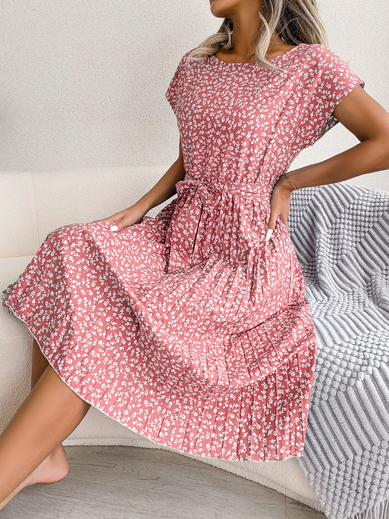 Elegant Floral Pleated Midi Dress – Women’s Summer Casual Dress