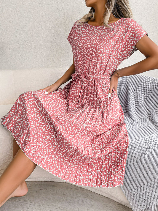 Elegant Floral Pleated Midi Dress – Women’s Summer Casual Dress