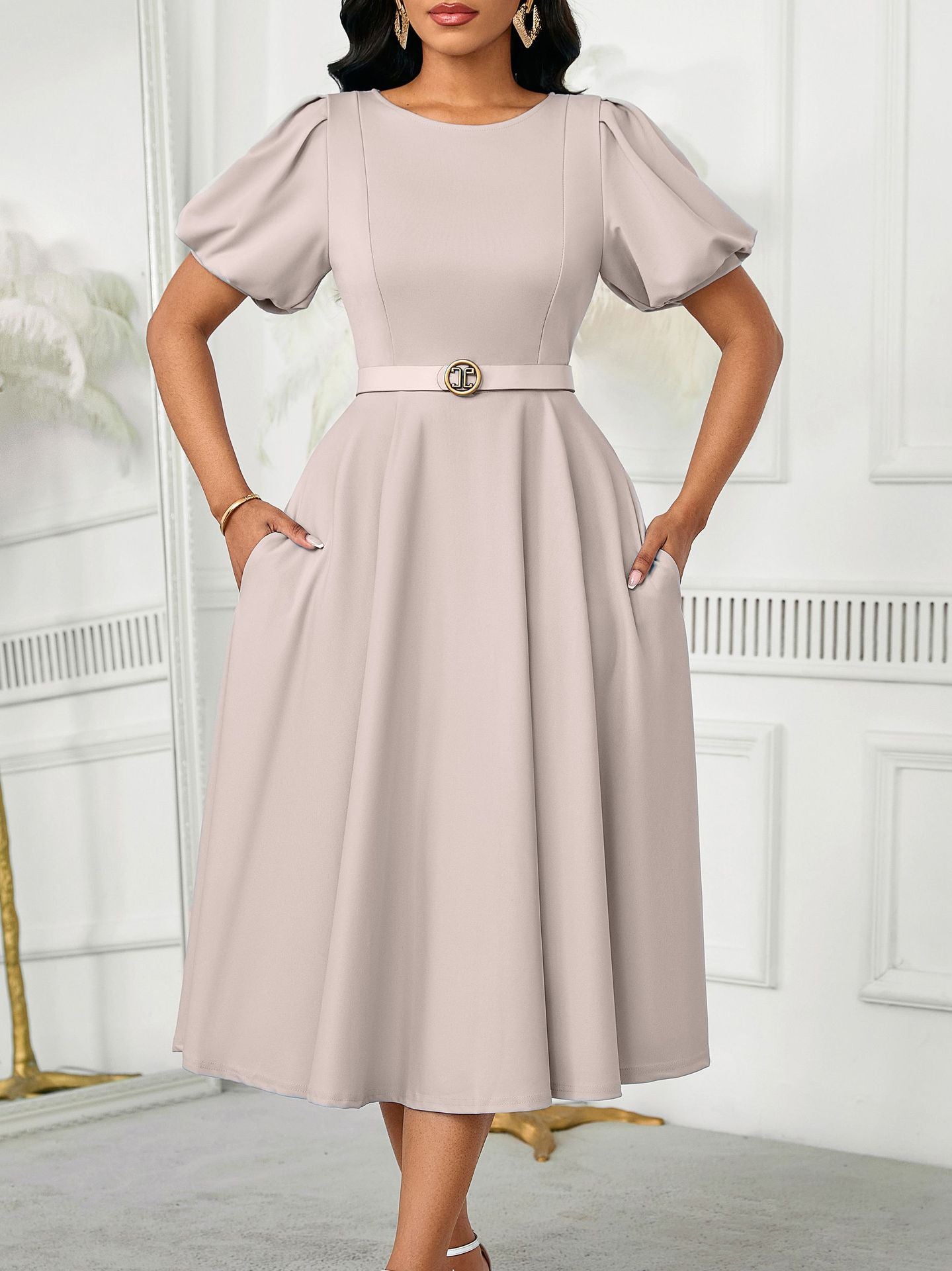 Elegant Summer Puff Sleeve Midi Dress with Belt