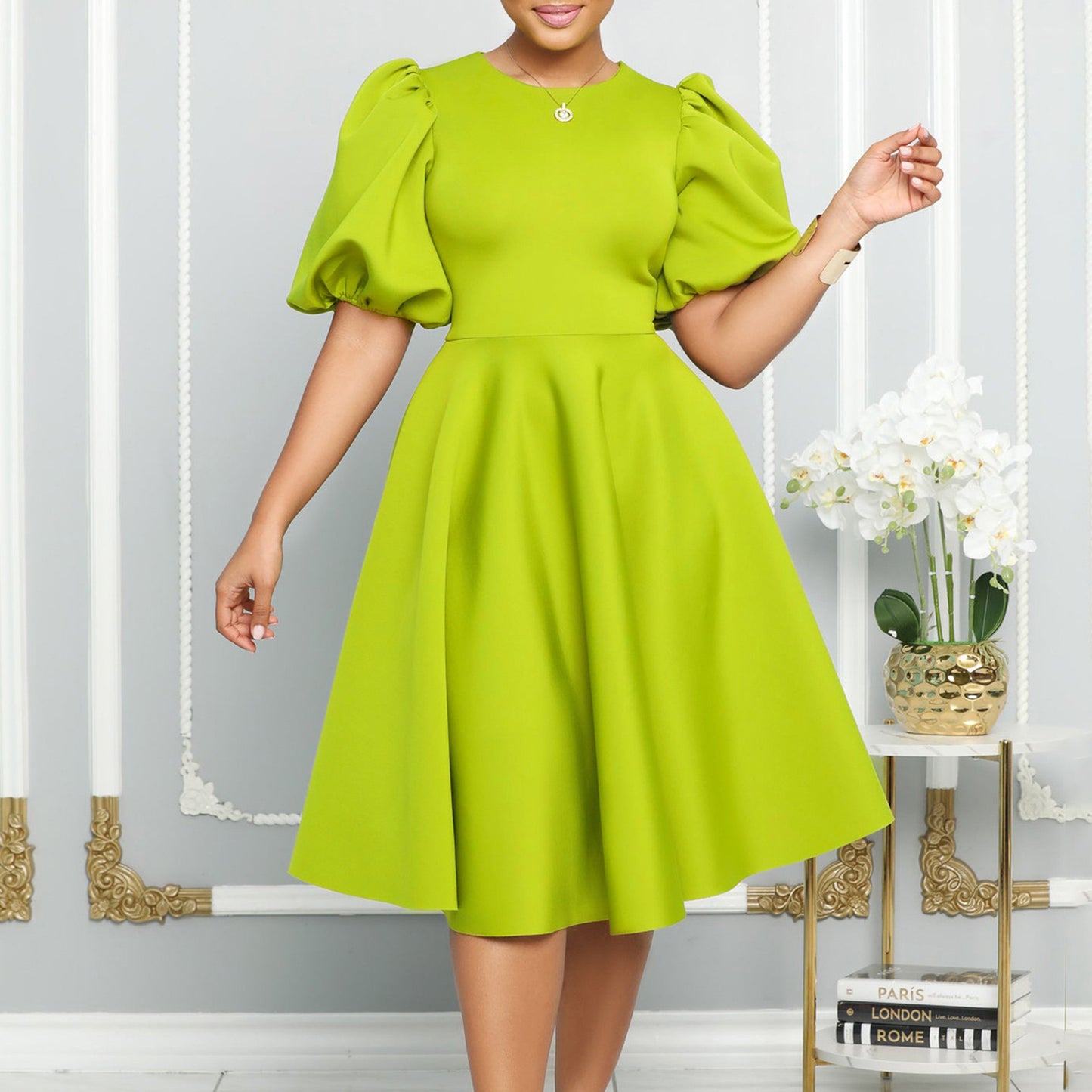 Elegant Bubble Sleeve Midi Dress