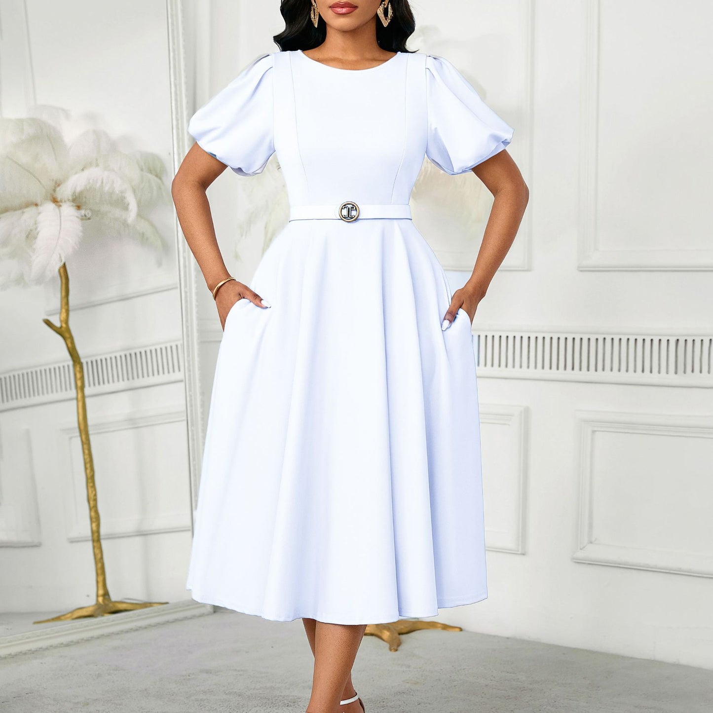 Elegant Summer Puff Sleeve Midi Dress with Belt