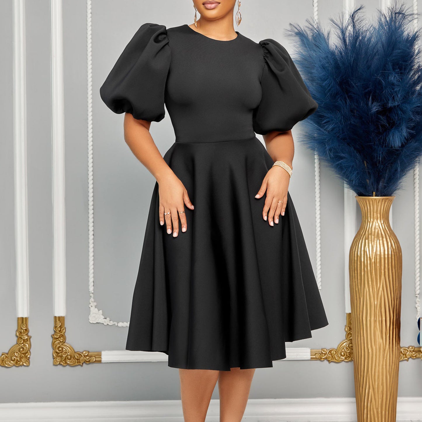 Elegant Bubble Sleeve Midi Dress