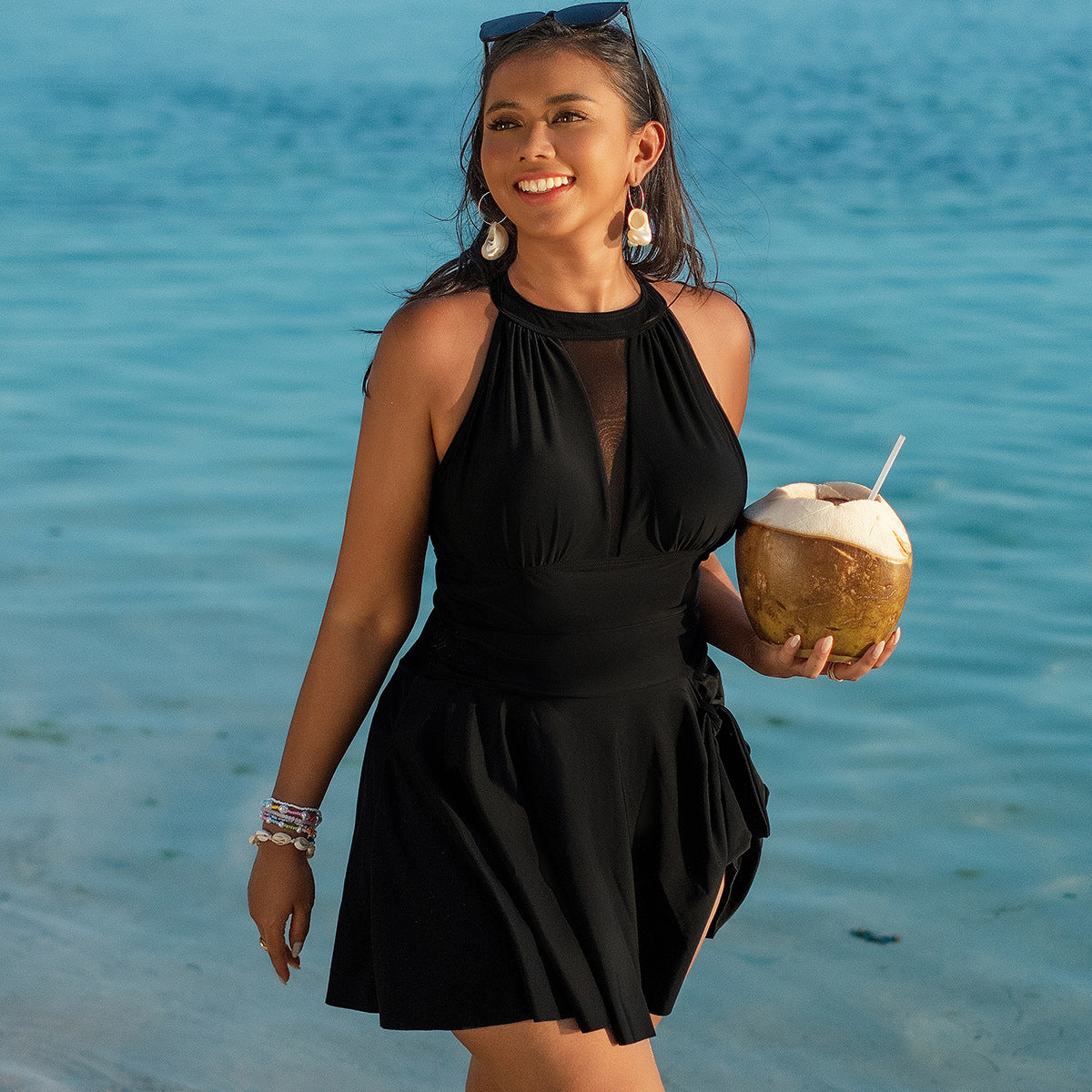 Elegant One-Piece Swim Dress – Plus Size Tummy Control Beach Swimsuit
