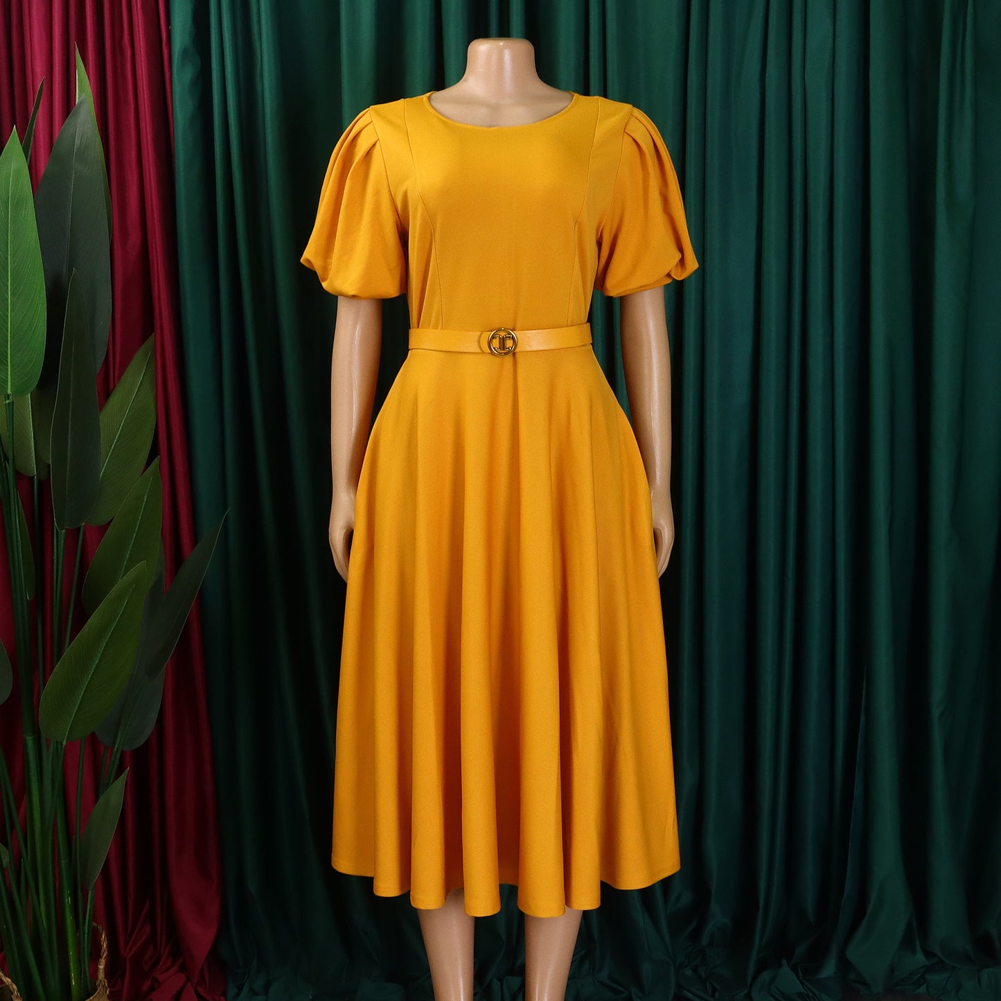 Elegant Summer Puff Sleeve Midi Dress with Belt