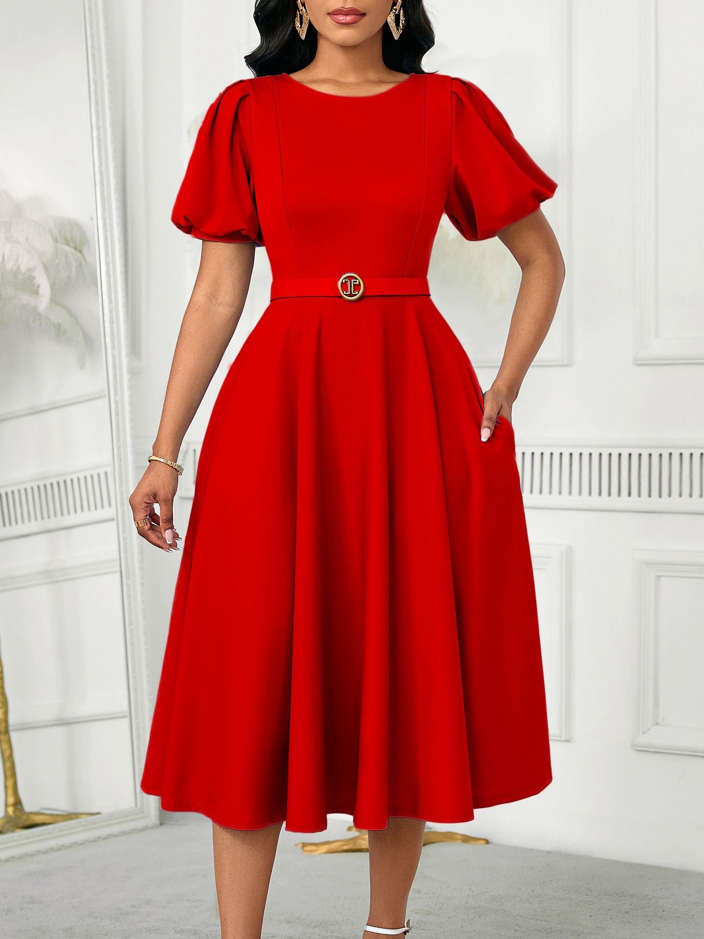 Elegant Summer Puff Sleeve Midi Dress with Belt