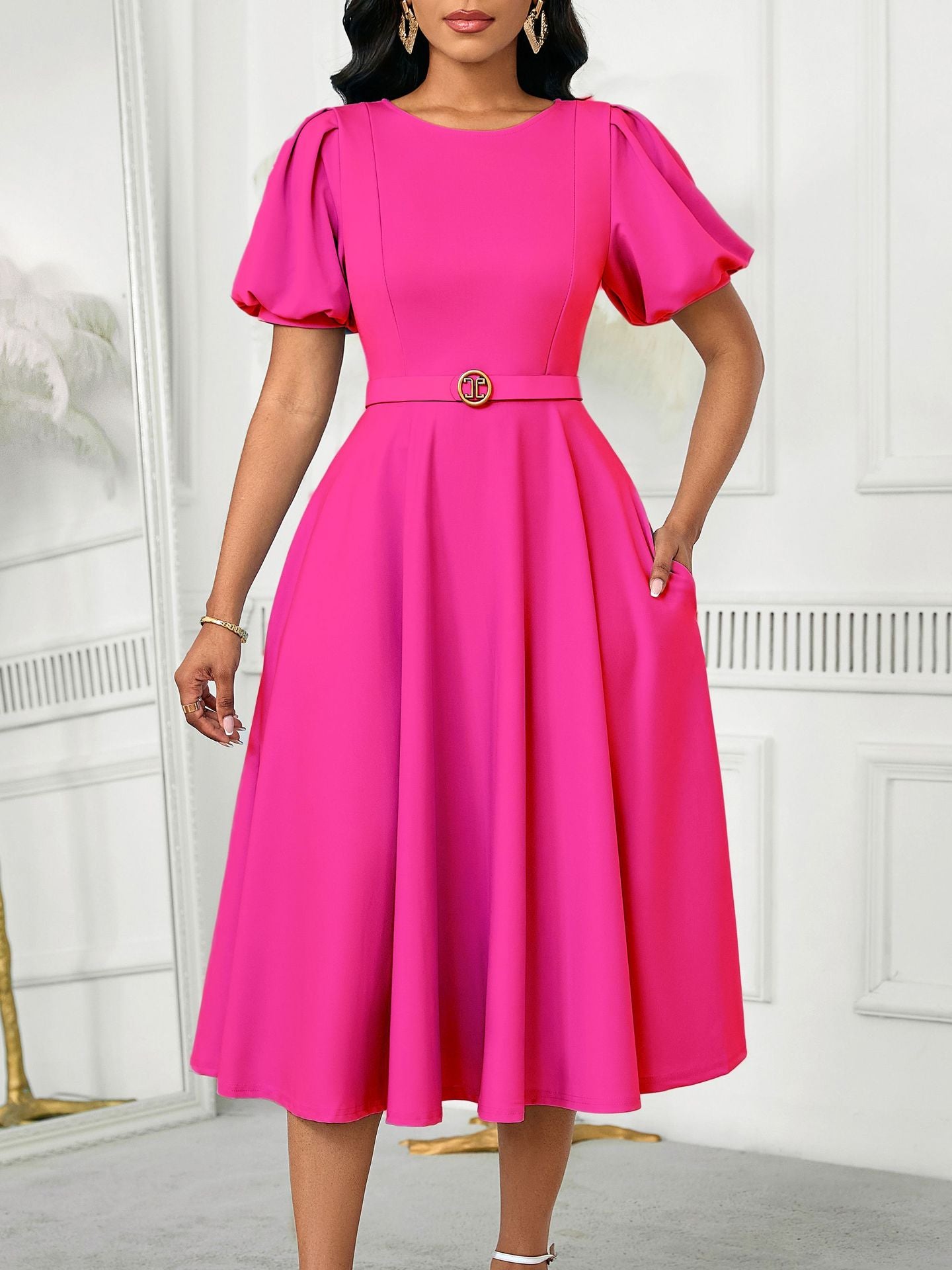 Elegant Summer Puff Sleeve Midi Dress with Belt