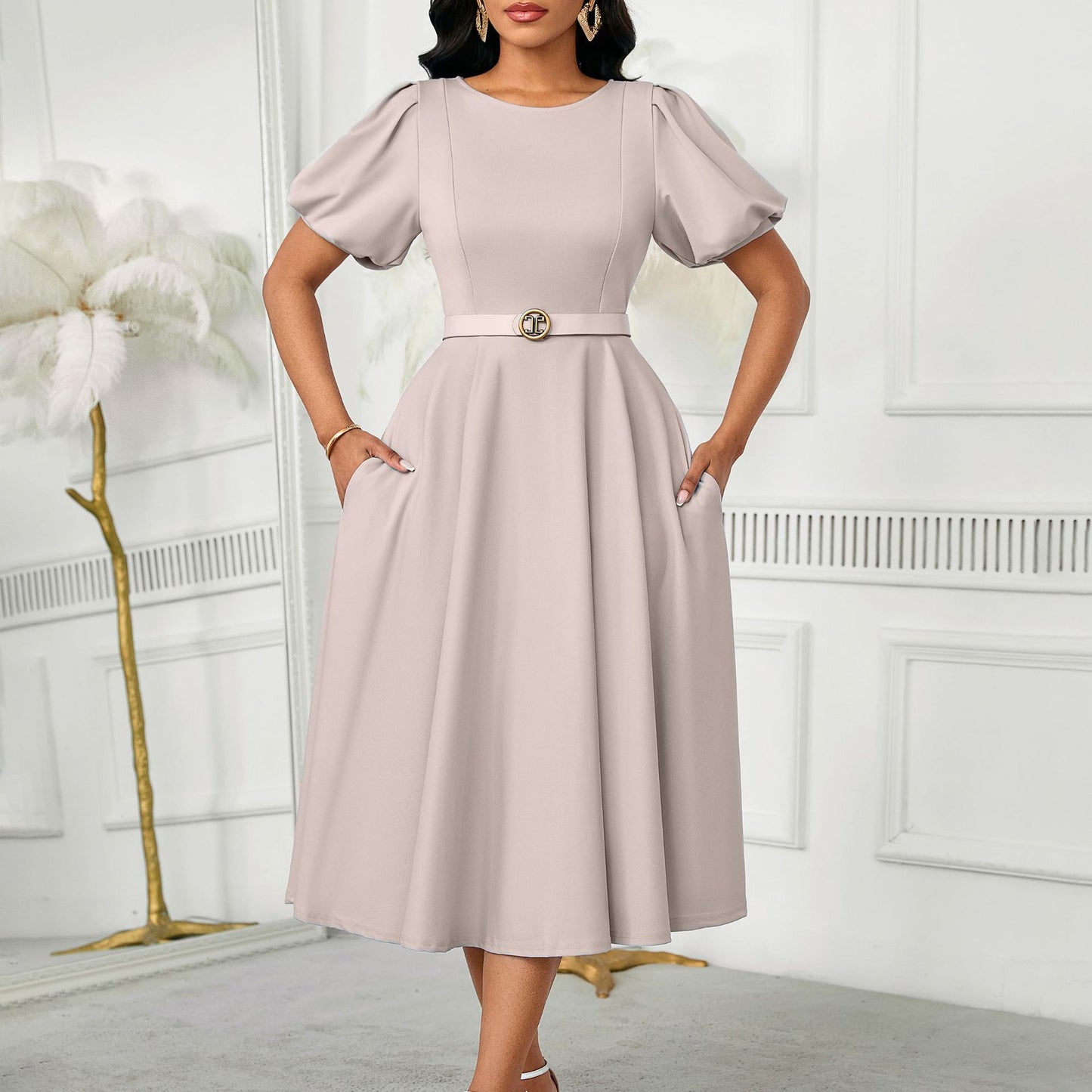 Elegant Summer Puff Sleeve Midi Dress with Belt