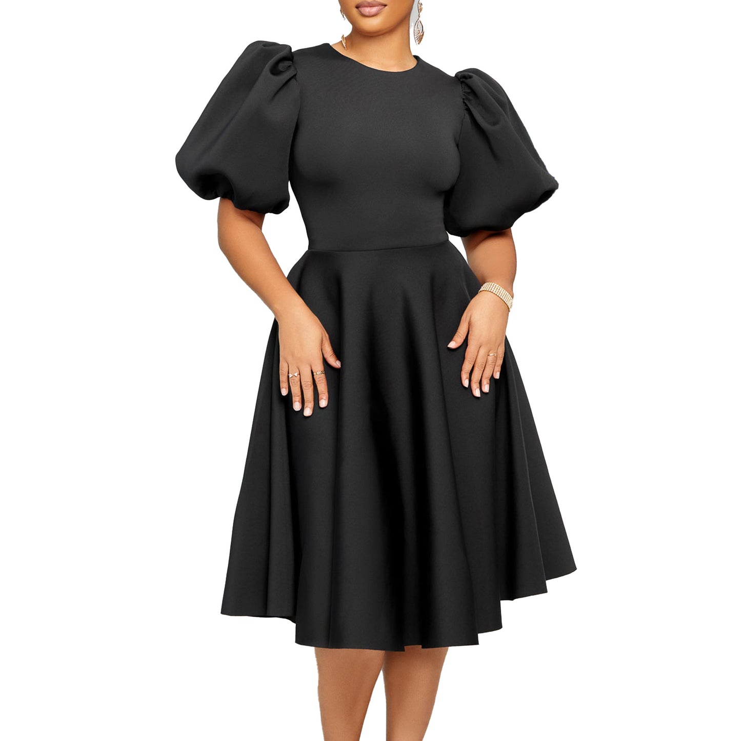 Elegant Bubble Sleeve Midi Dress