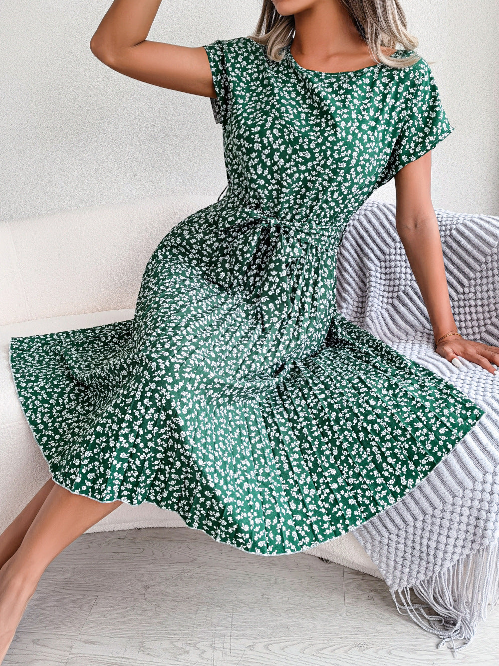 Elegant Floral Pleated Midi Dress – Women’s Summer Casual Dress