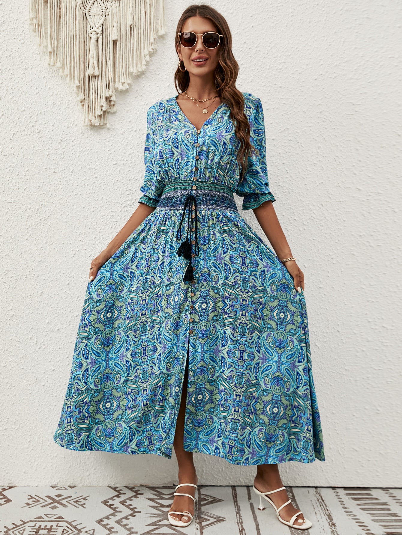 Elegant Bohemian Maxi Dress – Rayon Printed Vacation Dress