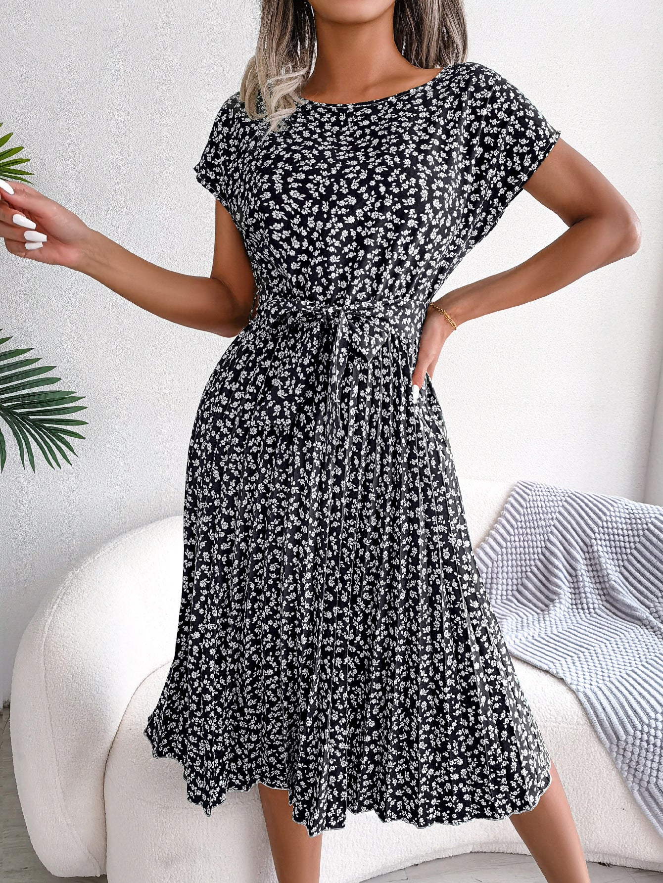 Elegant Floral Pleated Midi Dress – Women’s Summer Casual Dress