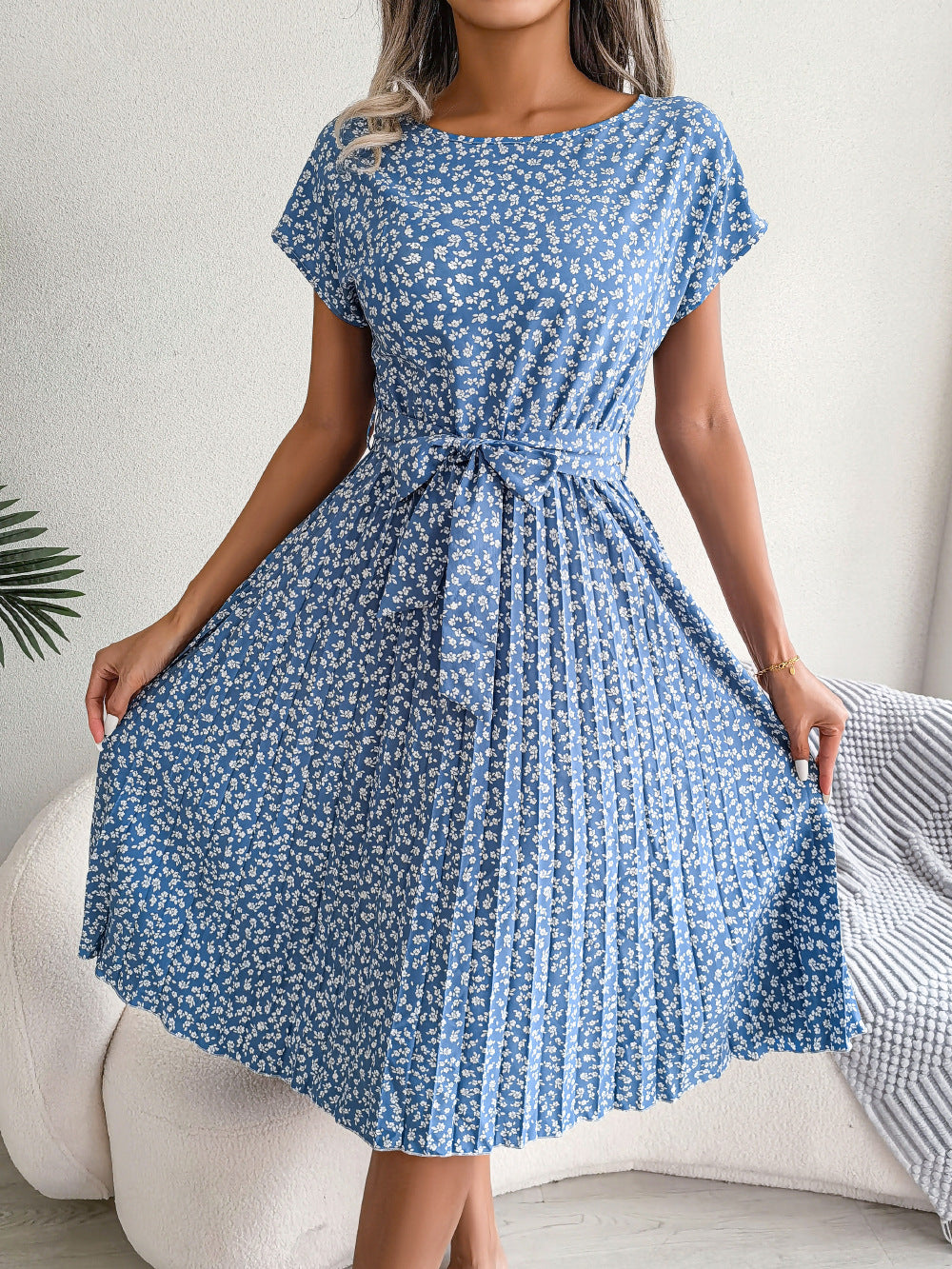 Elegant Floral Pleated Midi Dress – Women’s Summer Casual Dress