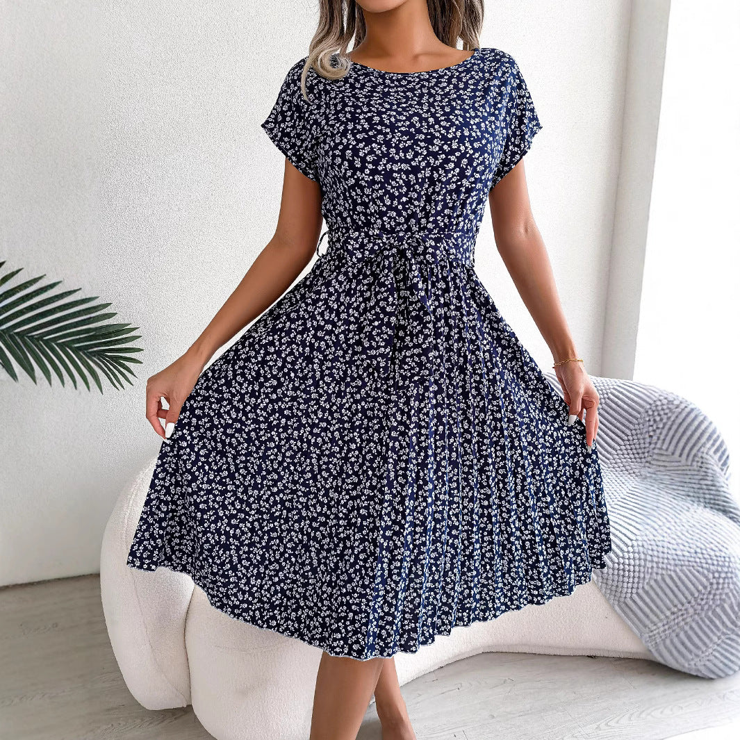 Elegant Floral Pleated Midi Dress – Women’s Summer Casual Dress