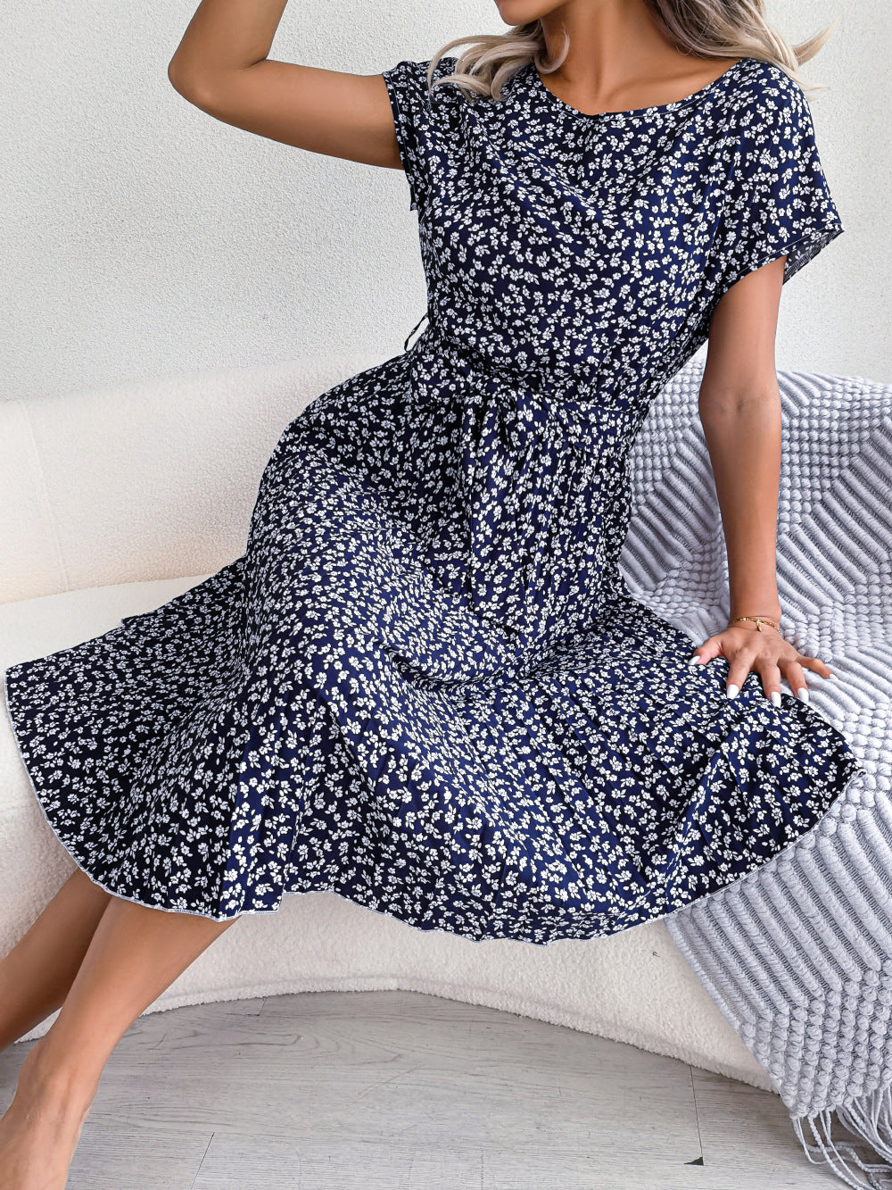 Elegant Floral Pleated Midi Dress – Women’s Summer Casual Dress