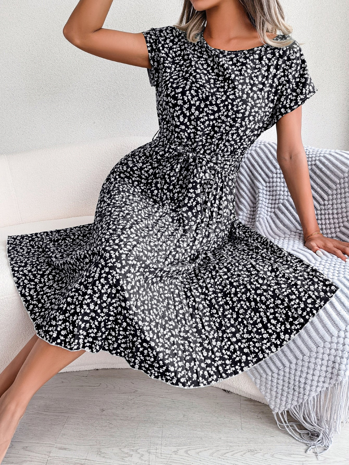 Elegant Floral Pleated Midi Dress – Women’s Summer Casual Dress
