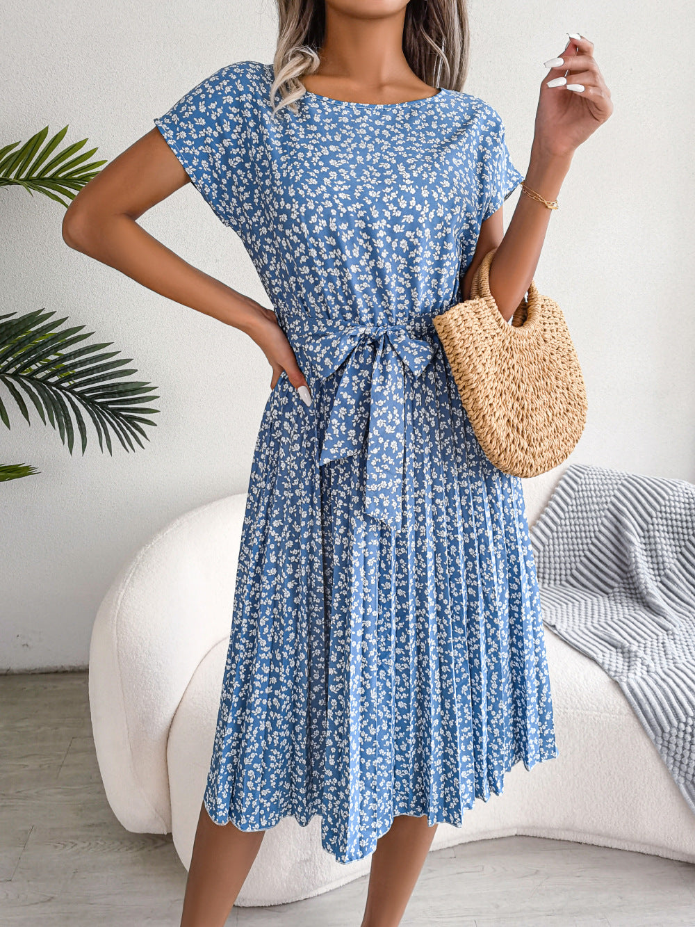 Elegant Floral Pleated Midi Dress – Women’s Summer Casual Dress