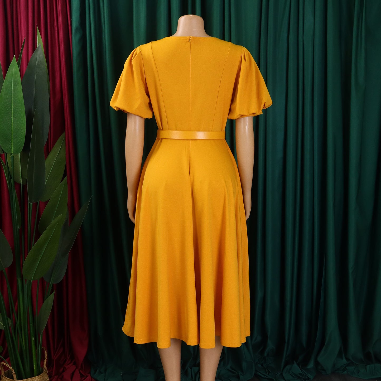 Elegant Summer Puff Sleeve Midi Dress with Belt