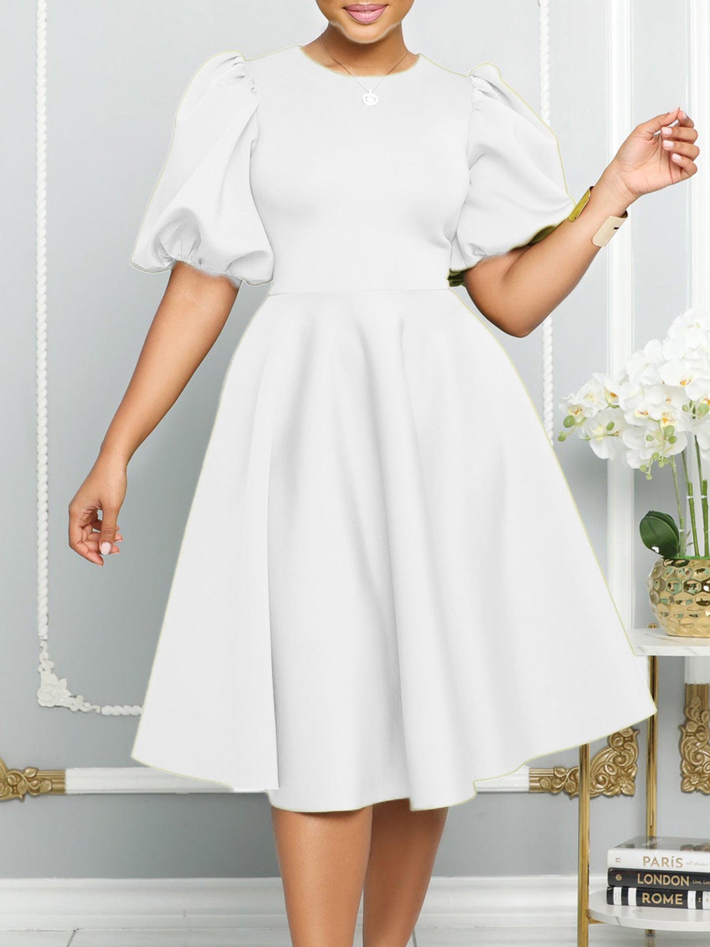 Elegant Bubble Sleeve Midi Dress