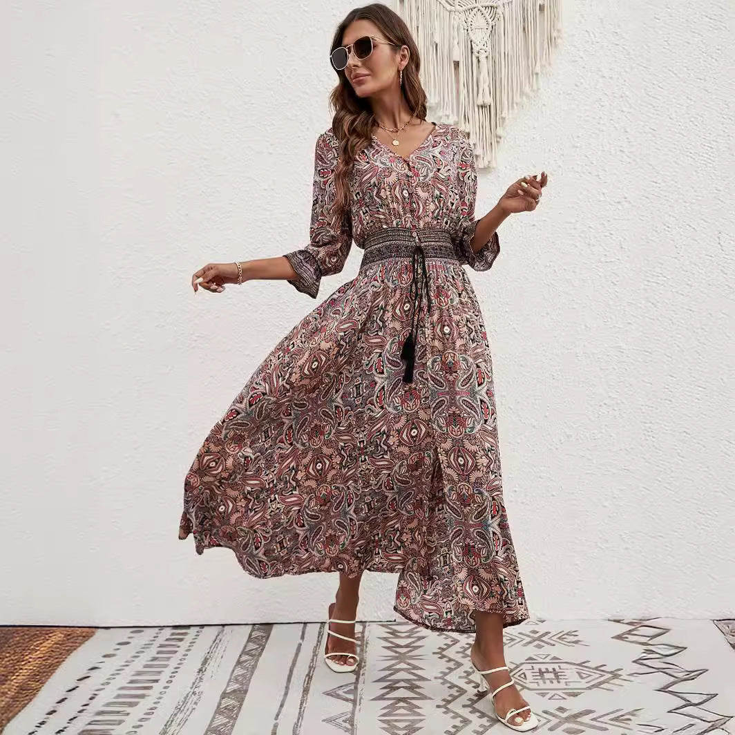 Elegant Bohemian Maxi Dress – Rayon Printed Vacation Dress