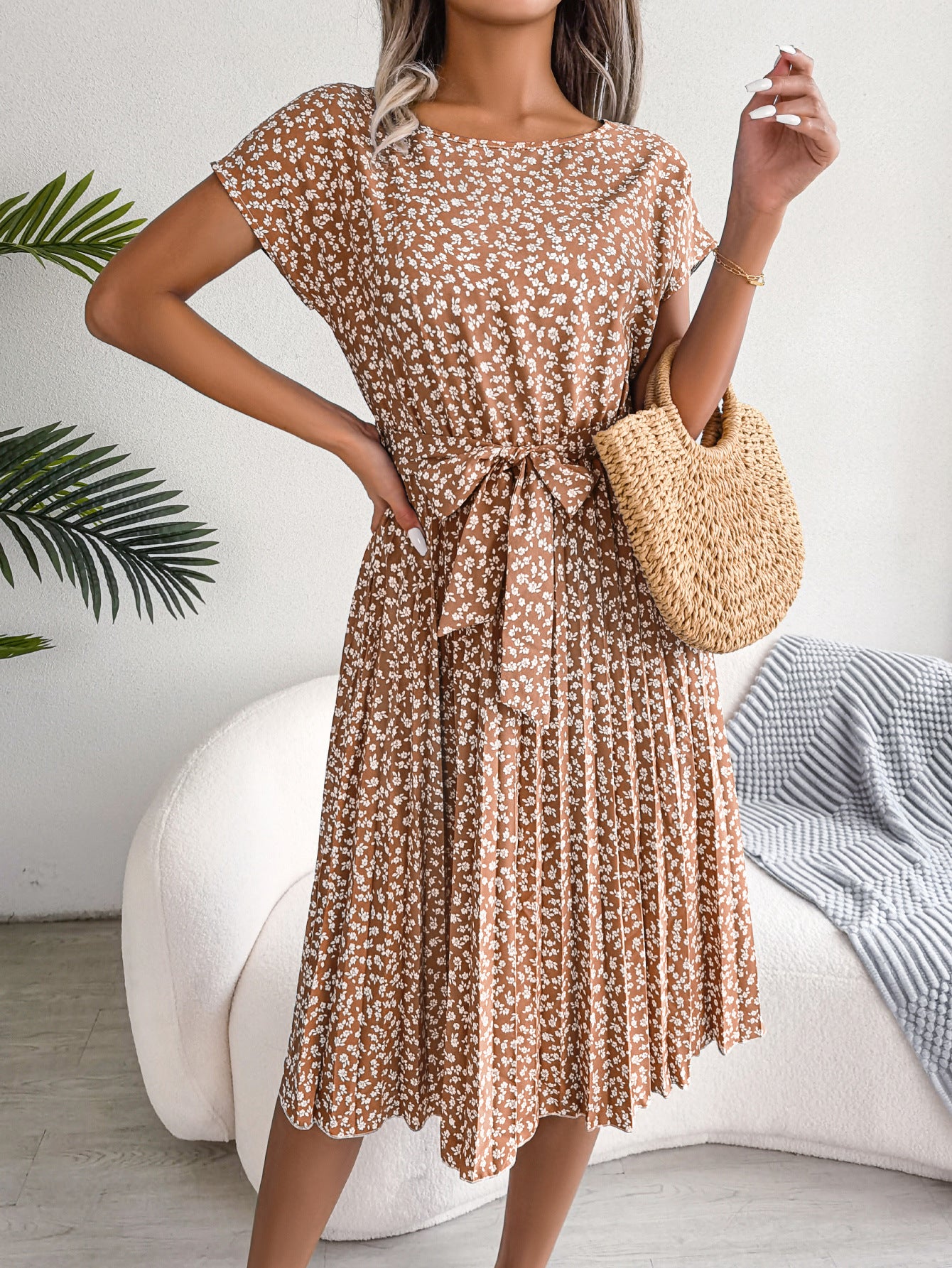 Elegant Floral Pleated Midi Dress – Women’s Summer Casual Dress