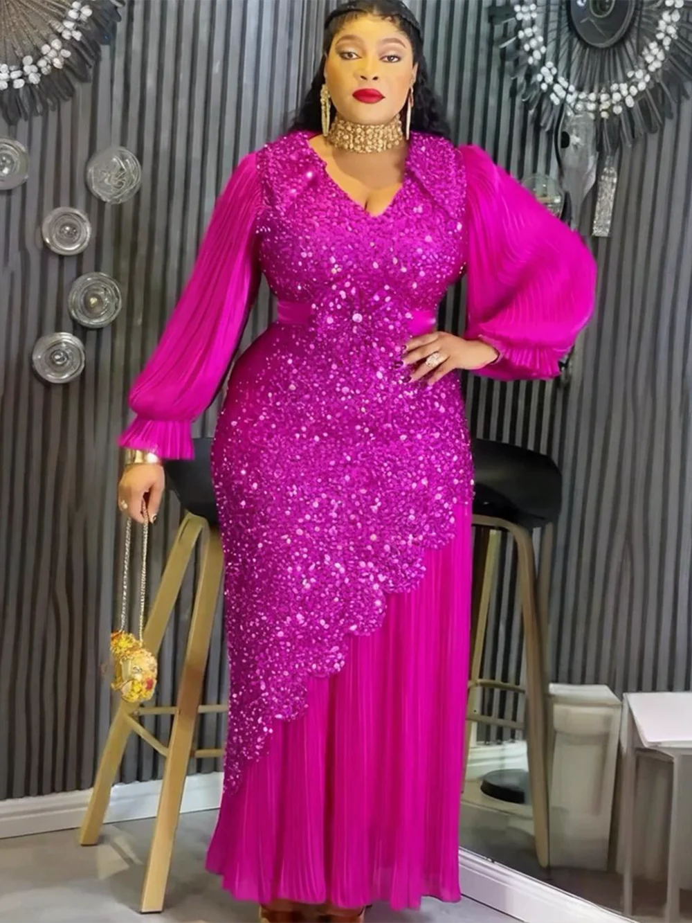 Luxury African Sequin Maxi Dress – Elegant Plus Size Evening & Party Gown
