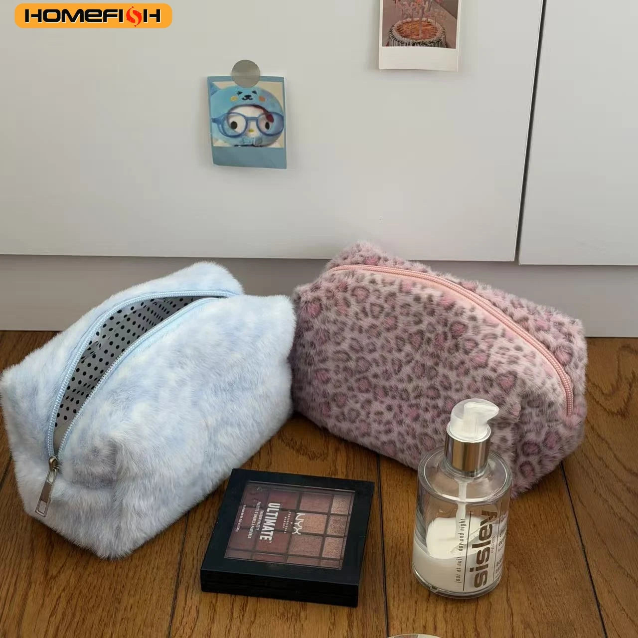 HOMEFISH Durable Fuzzy Makeup Bag Large Capacity Leopard Print Toiletry Organizer Portable Cosmetic Bag Girls Travel Storage