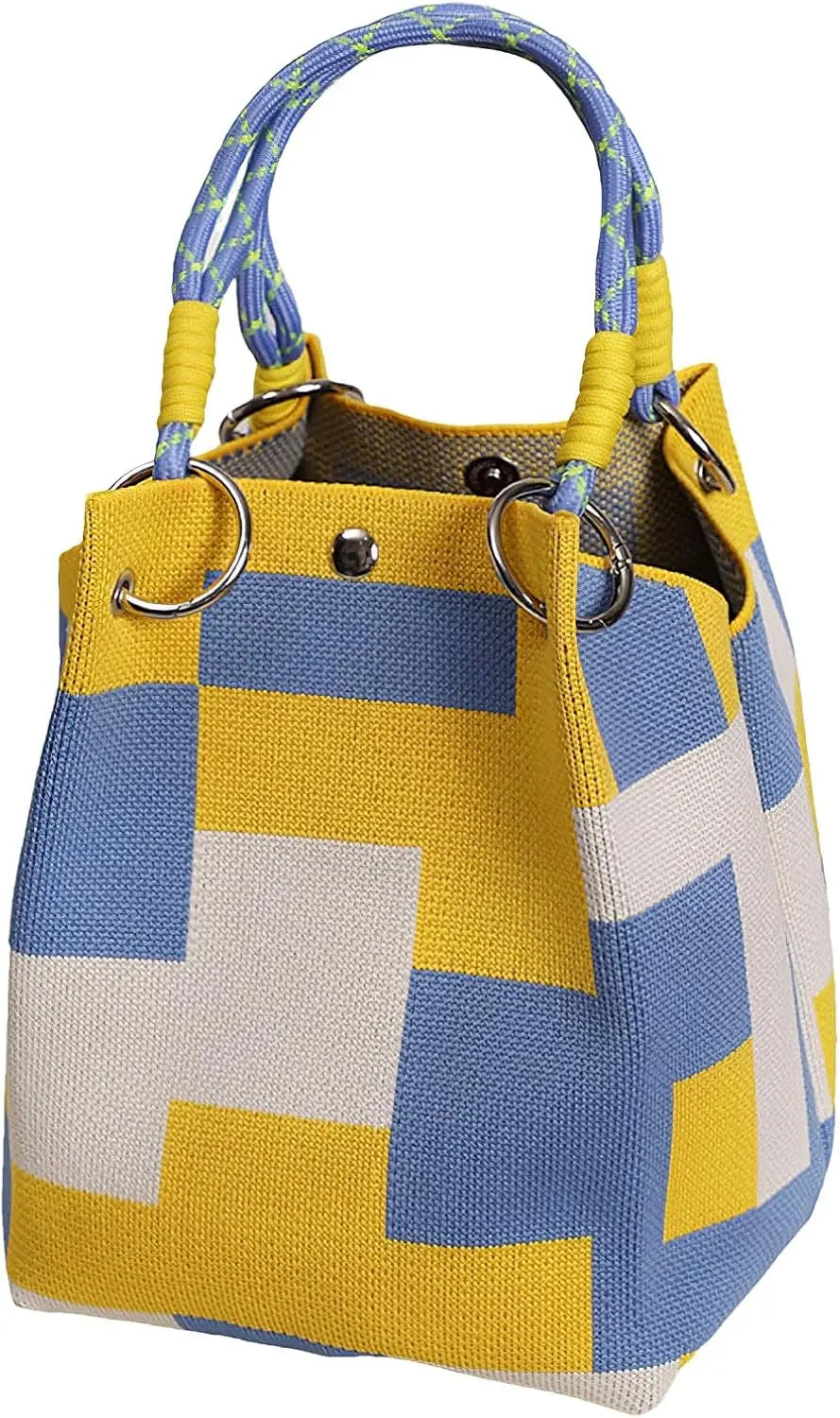 Mini Knitted Bucket Bag Women Small Handbag Geometric Colorblock Wristlet Purse With Detachable Handle