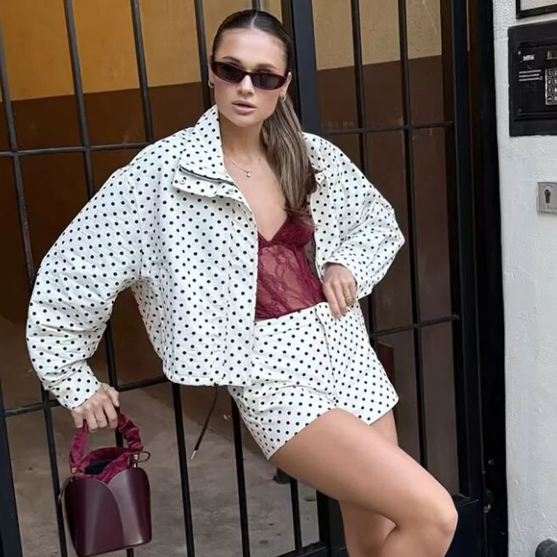 Polka Dot Bomber Jacket – Oversized Zip-Up Crop Coat