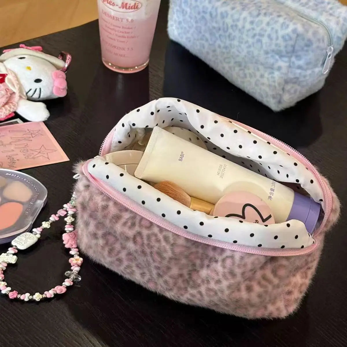 HOMEFISH Durable Fuzzy Makeup Bag Large Capacity Leopard Print Toiletry Organizer Portable Cosmetic Bag Girls Travel Storage