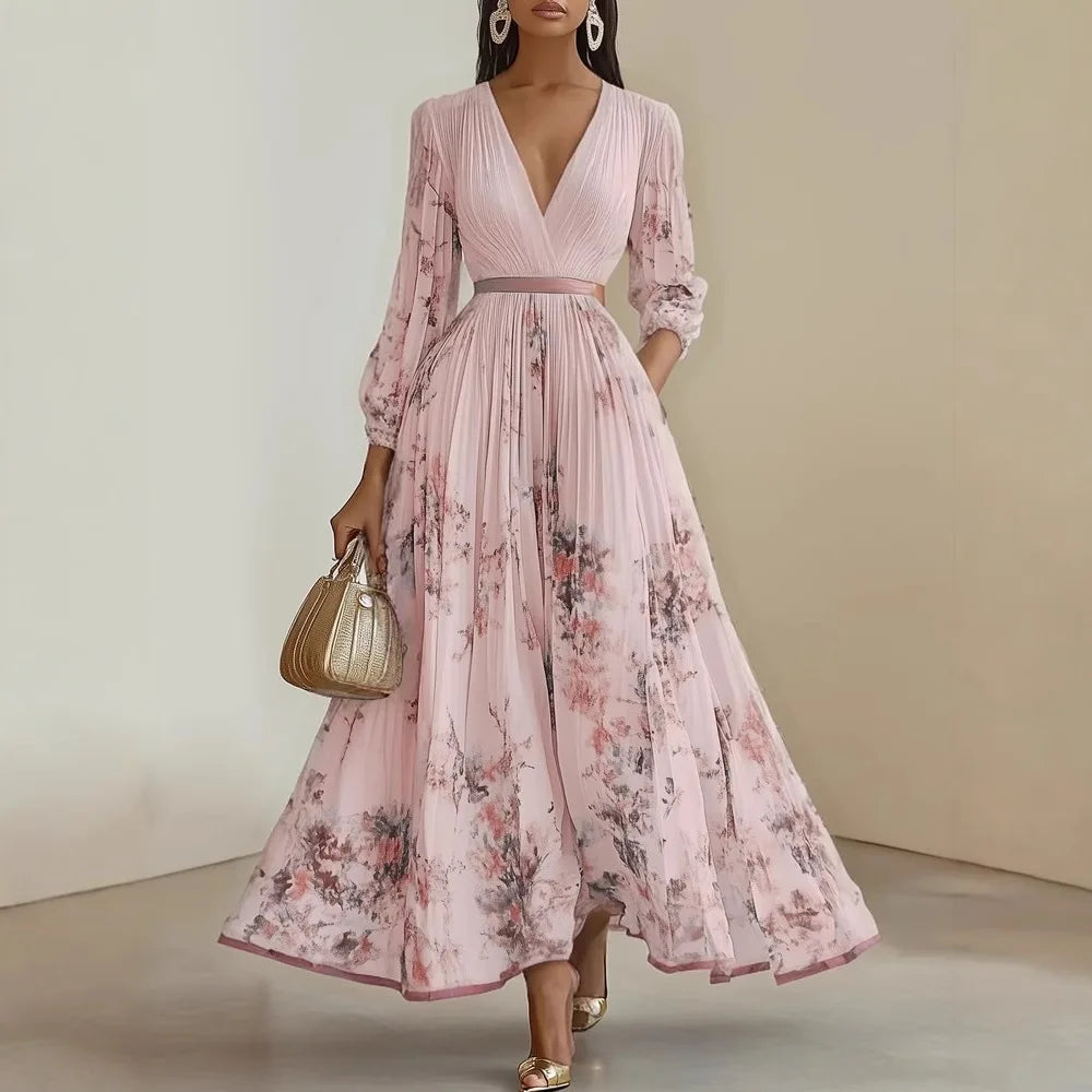 Robe Maxi Florale Manches Longues – Col V Élégant | Été 2025