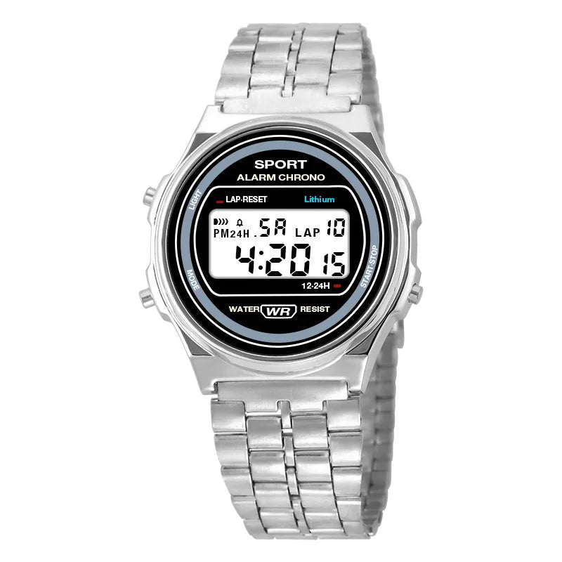 Women Casual LED Electronic Watch Retro Stainless Steel Strap Ladies LED Digital Watch Multifunction Sports Wristwatch Clock