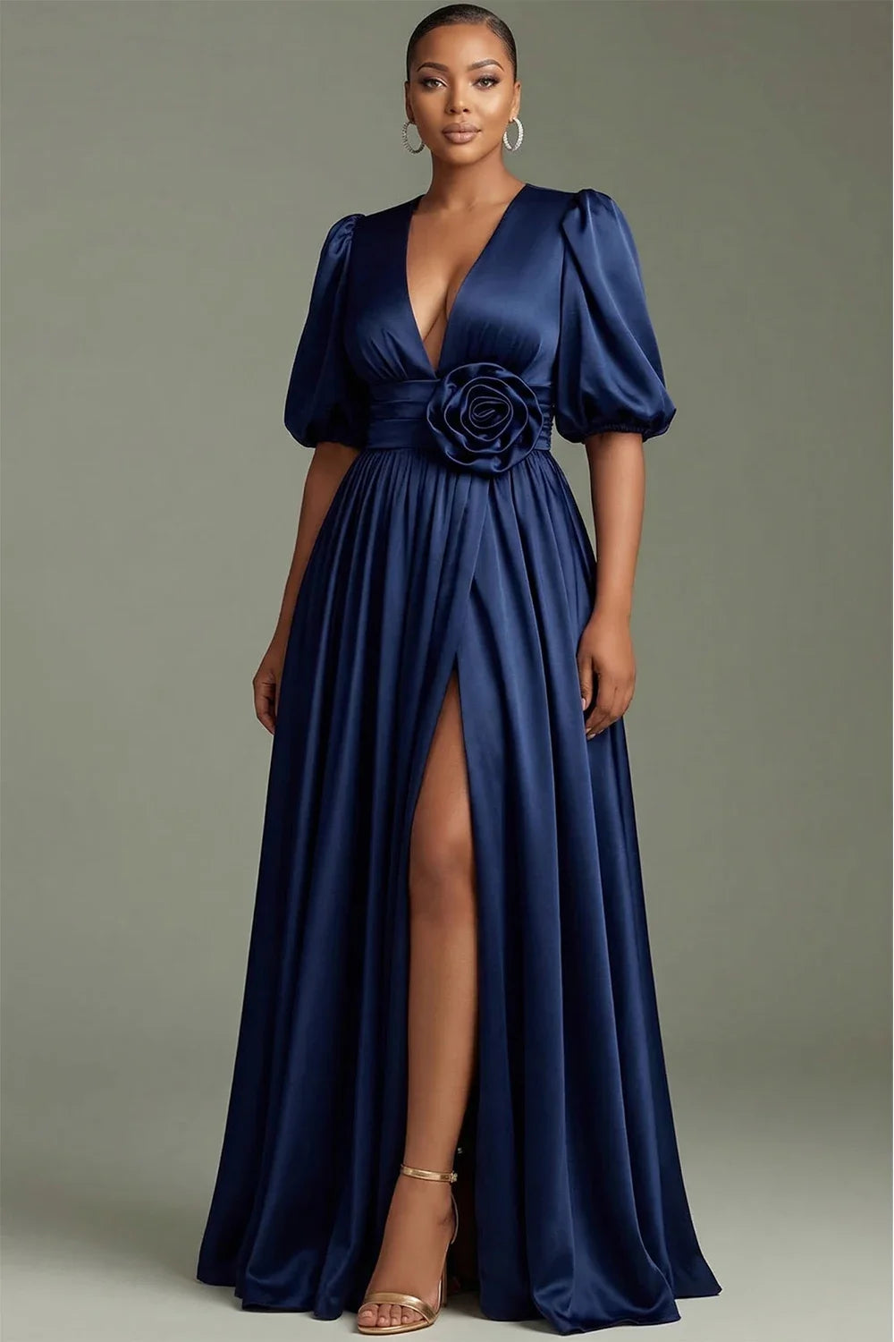 Elegant Navy Satin Evening Gown – Deep V-Neck Puff Sleeve Maxi Dress