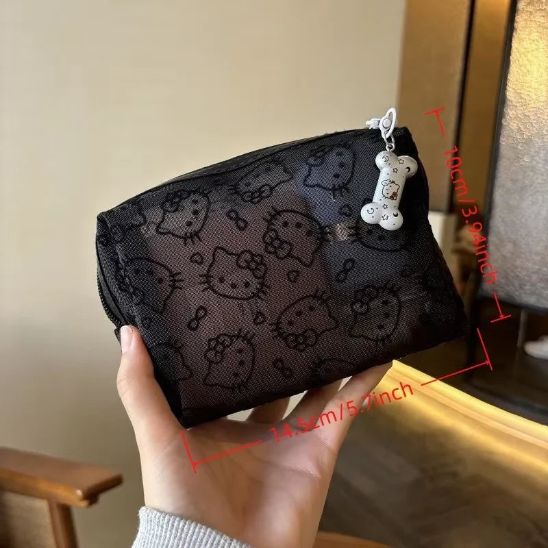 Black Mesh Cute Makeup Bag Portable Cosmetic Pouch Large Capacity Travel Toiletry Organizer