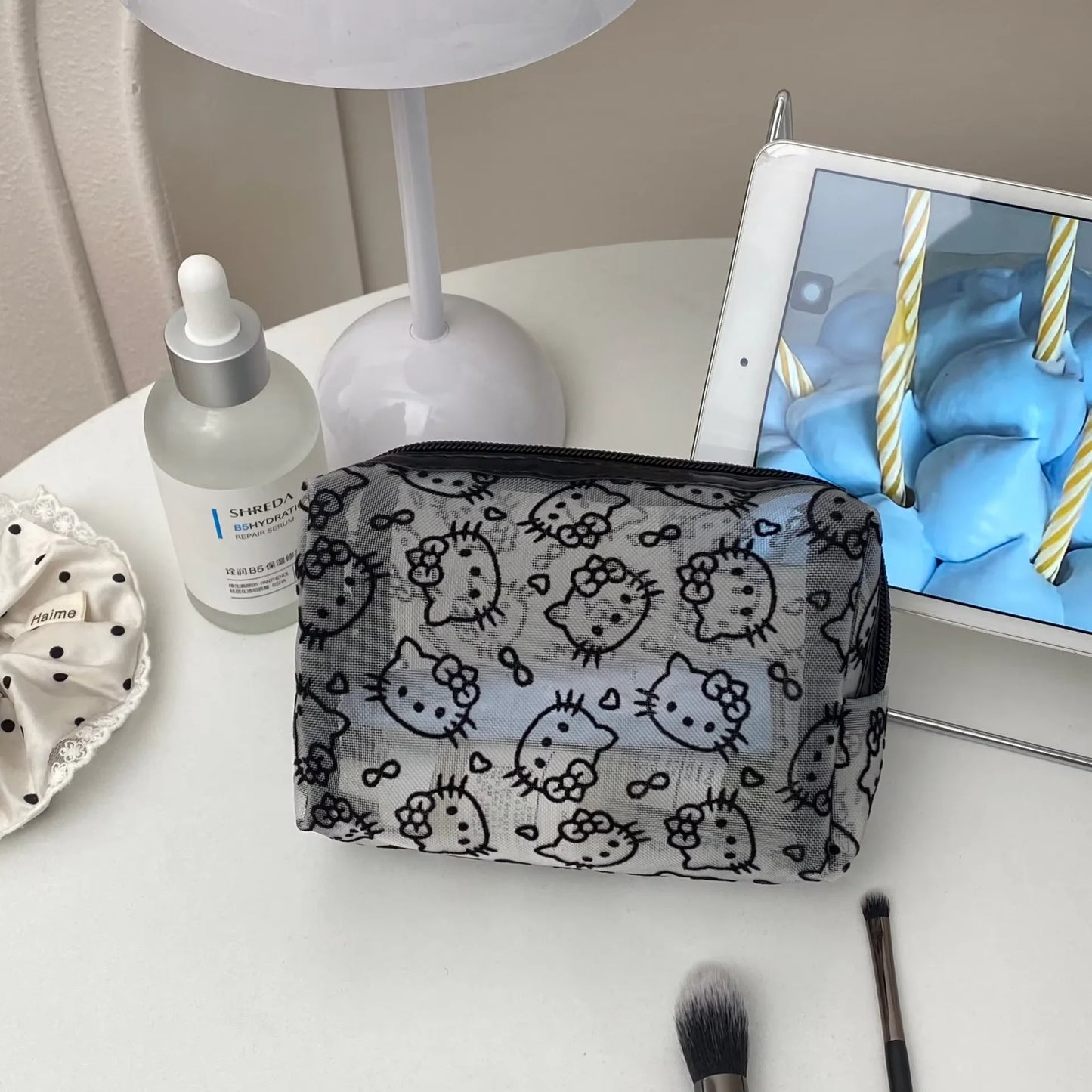 Black Mesh Cute Makeup Bag Portable Cosmetic Pouch Large Capacity Travel Toiletry Organizer