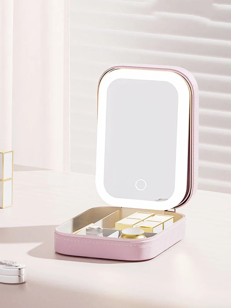 LED Makeup Bag With Mirror For Women Portable Cosmetic Storage Bag Small Lipstick Brush Wireless Makeup Box With Light