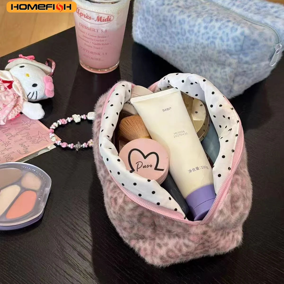 HOMEFISH Durable Fuzzy Makeup Bag Large Capacity Leopard Print Toiletry Organizer Portable Cosmetic Bag Girls Travel Storage