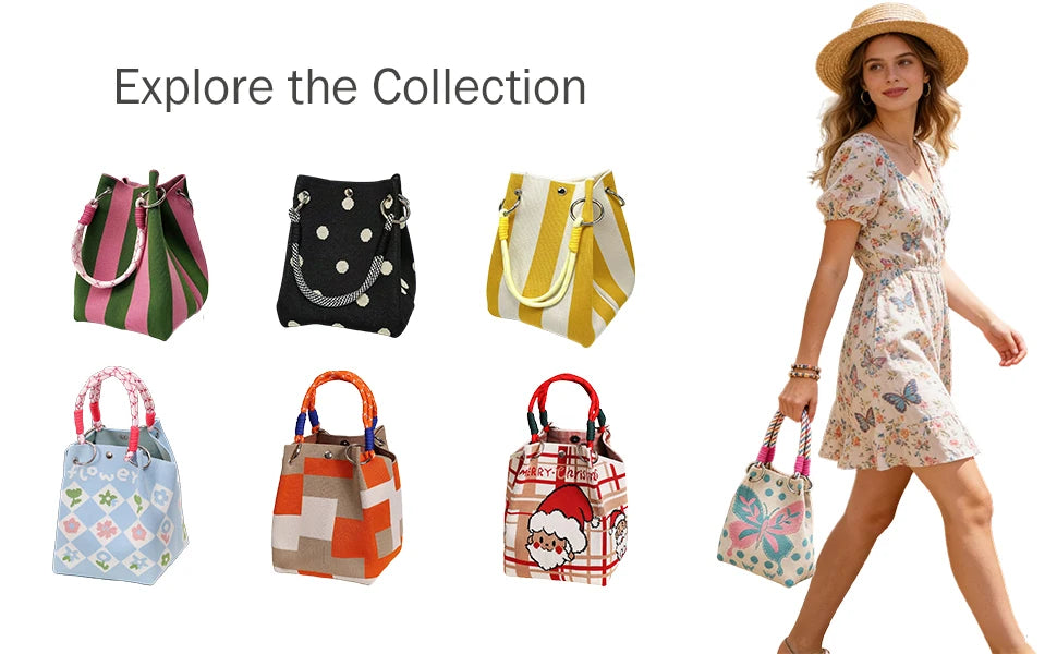 Mini Knitted Bucket Bag Women Small Handbag Geometric Colorblock Wristlet Purse With Detachable Handle